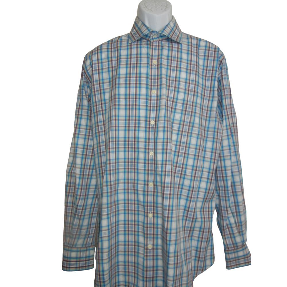 Peter Millar Shirt Mens Large Blue Plaid Long Sleeve Button Down Blue Cotton
